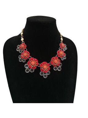Talbots Red & Pink Floral Statement Necklace with Clear Stones